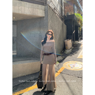 新款 HuoHuo 不规则连衣裙女秋季 jennie同款 一字领网纱长裙 撩人裙