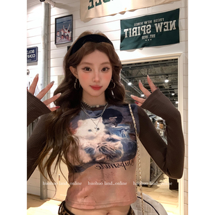 喵喵心事 印花圆领长袖 2025冬季 上衣女正肩修身 T恤 新款 HuoHuo