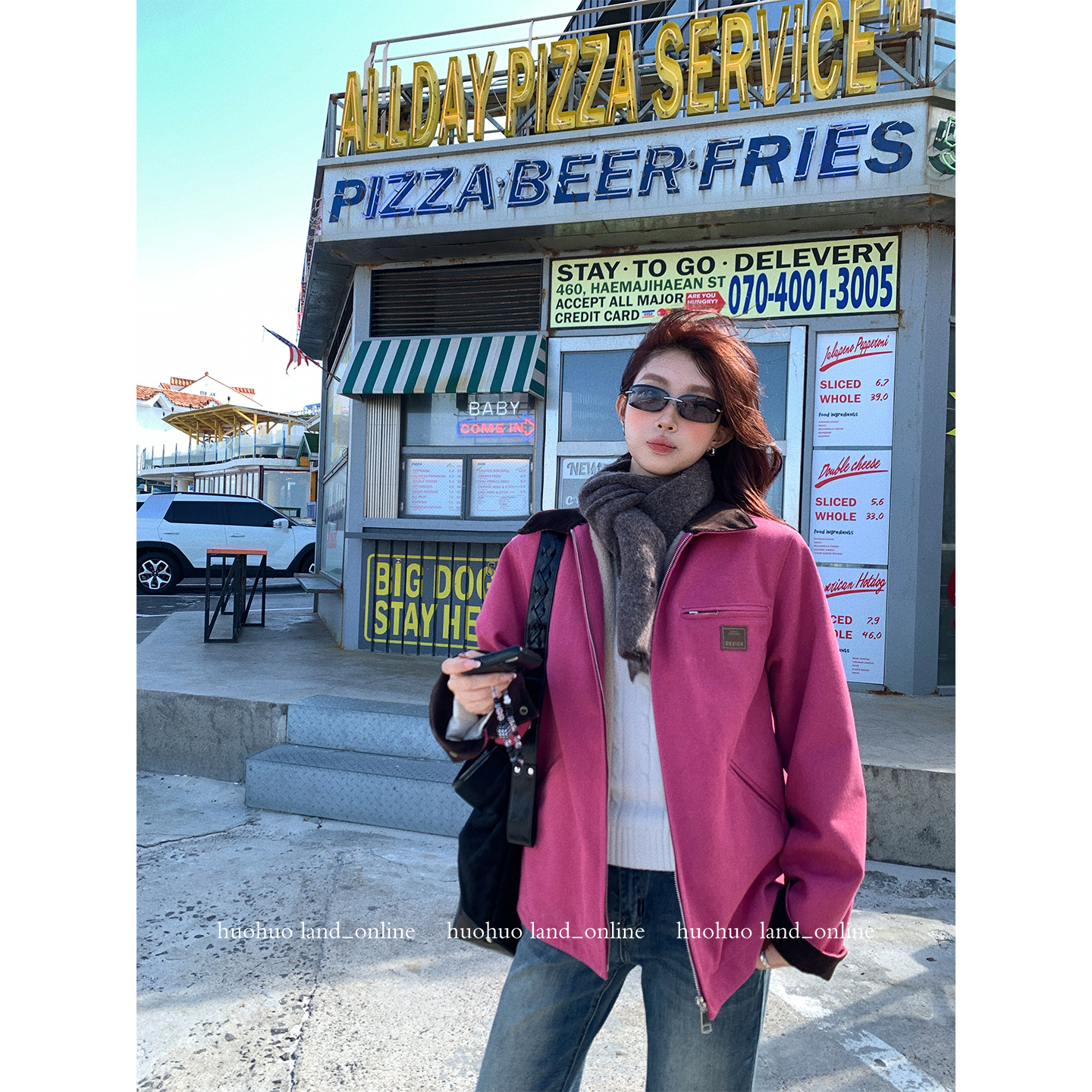 HuoHuo 玫粉恋人 甜酷加绒外套女秋冬季新款2025美式复古夹克