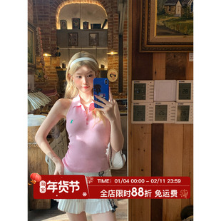 HuoHuo 自由假期 纯欲polo领挂脖背心女夏季翻领露背修身无袖上衣