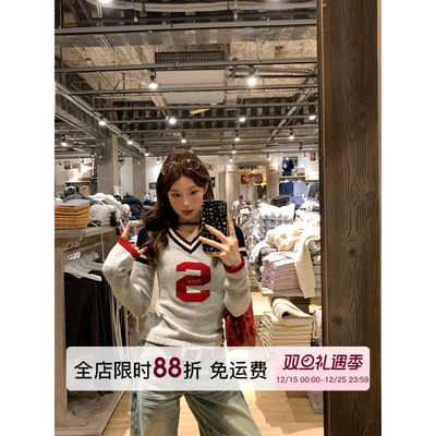 V领美式撞色字母毛衣女