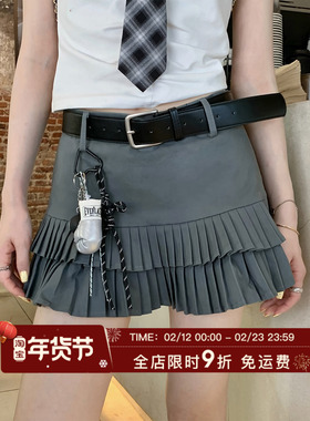 HuoHuo 爱乐之城 miu系A字压褶西装半身裙女夏季辣妹高腰显瘦短裙