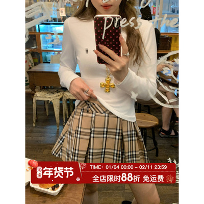 HuoHuo学院风格纹百褶半身裙女