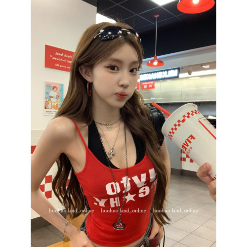 HuoHuo 烈焰一夏 千禧辣妹2026夏季新款女印花撞色挂脖假两件吊带