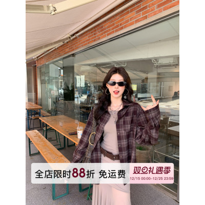 HuoHuo莓果格纹翻领衬衫女