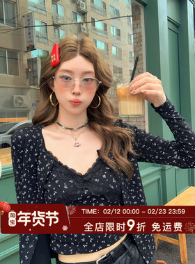 HuoHuo 繁花 bm风碎花吊带背心长袖开衫套装女秋新款甜辣两件套