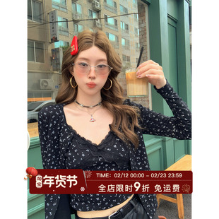 HuoHuo 繁花 bm风碎花吊带背心长袖开衫套装女秋新款甜辣两件套