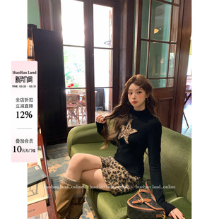 上衣女复古半高领豹纹星星修身 HuoHuo 2026春夏新款 星星 T恤 豹款