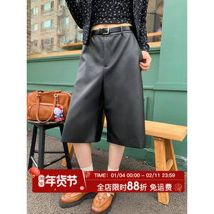 HuoHuo 英伦伏笔 利落版型pu皮直筒七分裤女秋新款高级感阔腿短裤