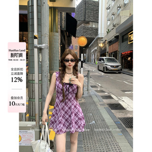 女A字系带格纹无袖 HuoHuo 2026春夏新款 浪漫法式 连衣裙 紫藤花