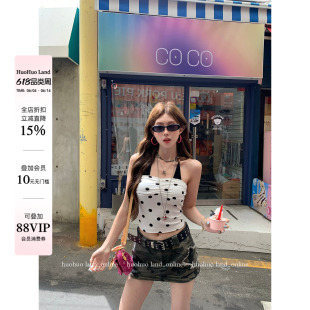 HuoHuo 波波呢喃 时髦2026夏季新款上衣女立体抽褶挂脖波点吊带