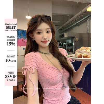 HuoHuo 桃之夭夭 浪漫甜系2026夏季新款上衣女波点扭结绑带T恤