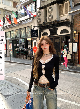 HuoHuo 蕾丝天菜 浪漫点睛2026春夏新款女撞色上衣假两件蕾丝T恤