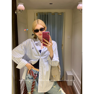 浪漫海岛 宽松休闲开衫 老钱风蓝白条纹长袖 女夏季 上衣 衬衫 HuoHuo