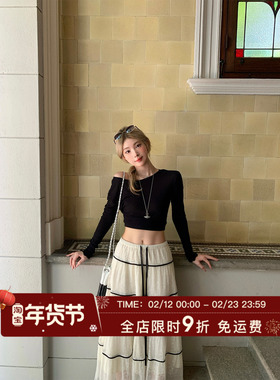 HuoHuo 御姐法则 短款斜肩长袖T恤女夏季辣妹露腰百搭修身上衣