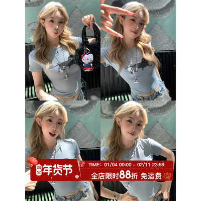 HuoHuo 童趣汪星人 美式辣妹腊肠狗印花短袖T恤女夏季修身短上衣