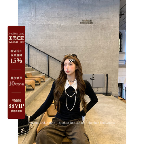 HuoHuo 波点艺术生 学院风复古衬衫领显瘦上衣女波点假两件针织衫
