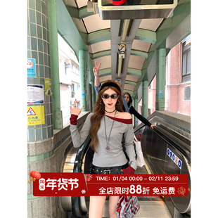 HuoHuo 肩颈诗行 色彩构图2026春夏新款女软糯斜肩拼色假两件T恤