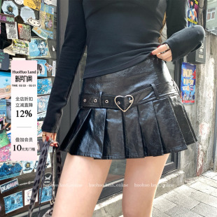 女爱心腰带百褶A字pu皮裙 甜酷辣妹2026春夏新款 HuoHuo 反叛甜心