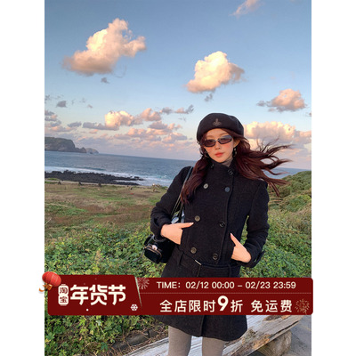 HuoHuo 秀场大衣 韩系正肩毛呢外套女秋冬季新款立领双排扣大衣