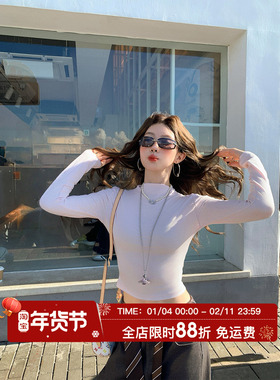 HuoHuo 韩女天菜 半高领修身长袖T恤女秋季新款2025辣妹短款上衣