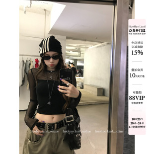 HuoHuo 雾透美杜莎 气质辣妹朦胧微透拼接长袖修身显瘦打底T恤
