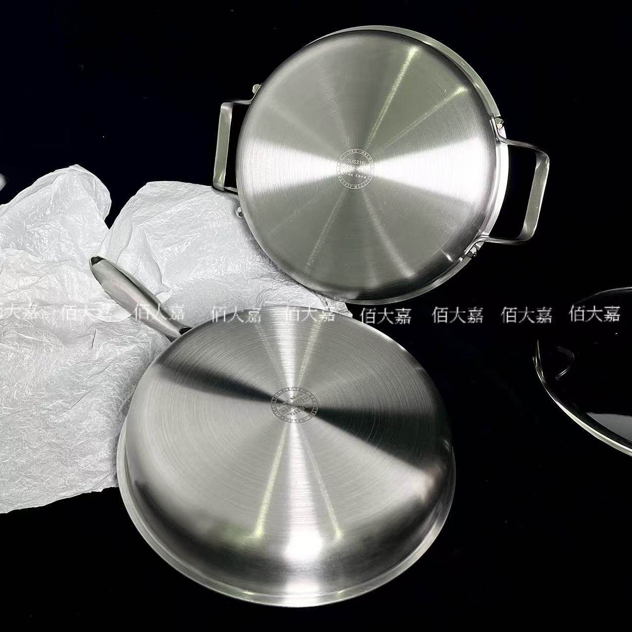 不锈钢煎锅不粘 316无涂层平底锅带盖加厚三层钢煎牛排通用圆煎锅