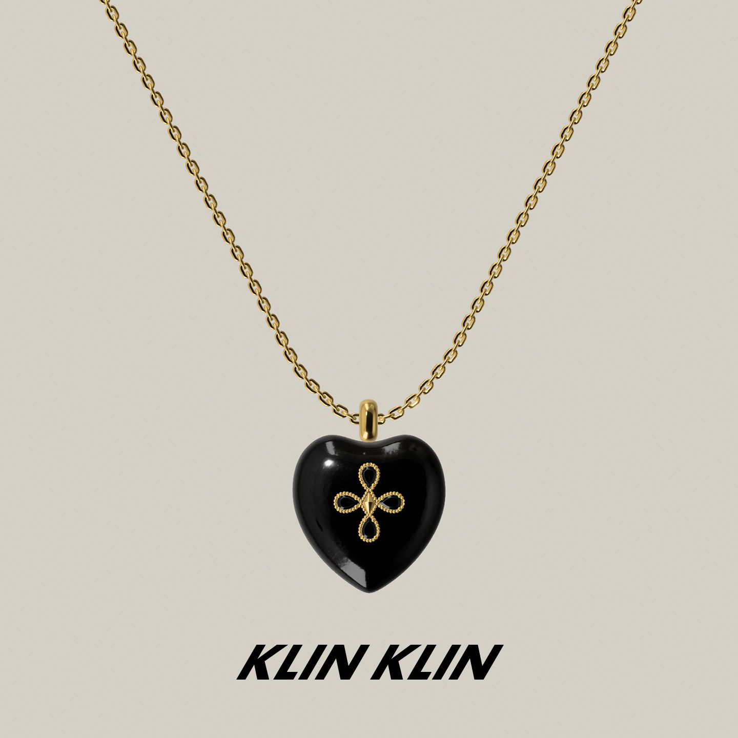 KLINKLIN爱心十字花珐琅项链女锁骨链中古复古风黑色十字架小香风