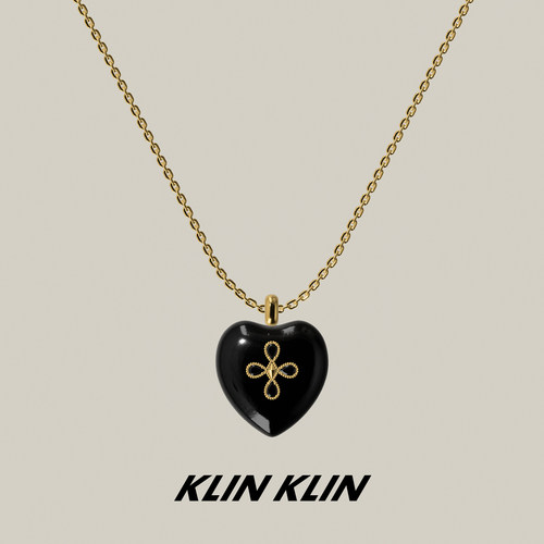 KLINKLIN爱心十字花珐琅项链女锁骨链中古复古风黑色十字架小香风