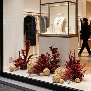 芦苇草仿真花艺摆件新年氛围场景布置服装店橱窗装饰红色地排花