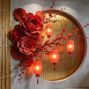 巨型红色纸艺花氛围布置装饰造景仿真花墙上挂花春节过新年美陈