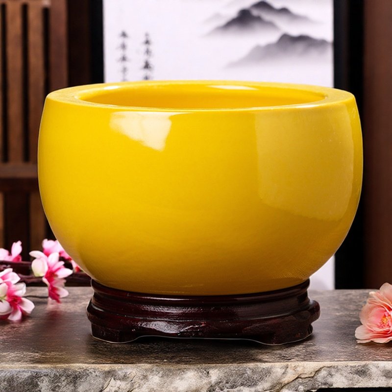 景德镇纯色黄色陶瓷器聚宝盆摆招财聚财摆件小号陶土生财存钱罐