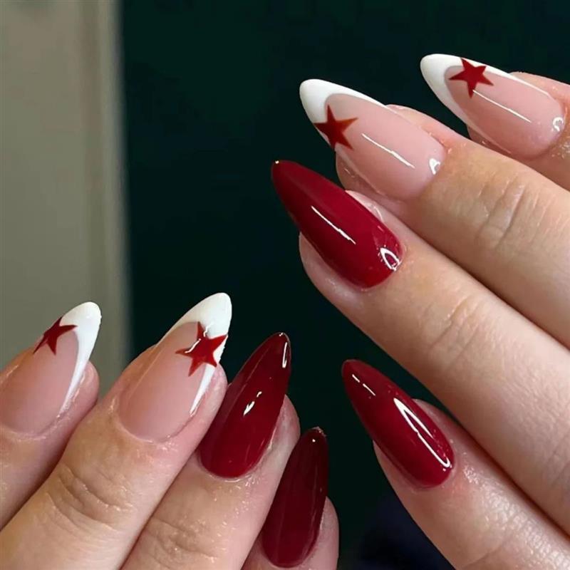 French Fake Nails Red Five-pointed Star False Nails Full Cov