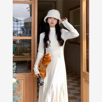 白色针织连衣裙女秋冬高
