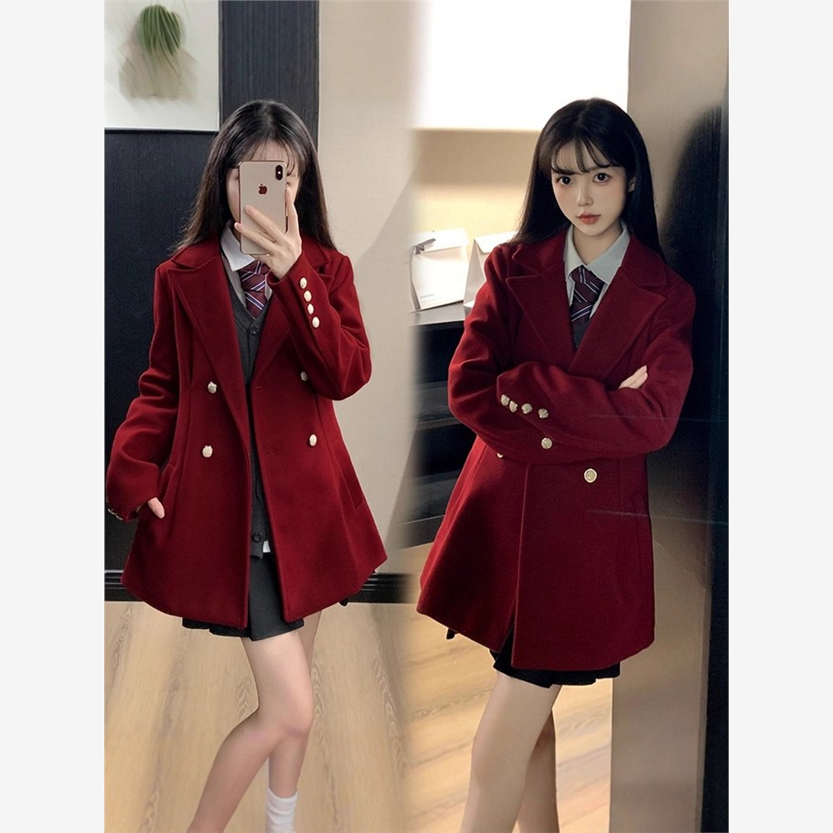 大码学院风红色毛呢外套女秋冬胖mm高级感双排扣西装领呢子大衣