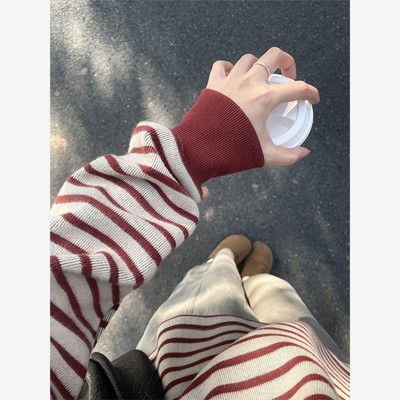 红色条纹毛衣女秋冬内搭打底衫小个子圆领针织衫宽松慵懒套头上衣