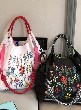 日本刺绣环保ballchain花丛购物袋大容量单肩斜挎手提包学生上班