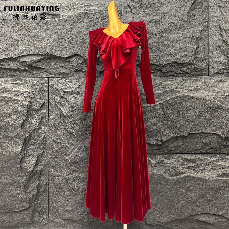 拂琳花影摩登舞裙成人新款丝绒连衣裙国标舞交谊舞荷叶领练功服