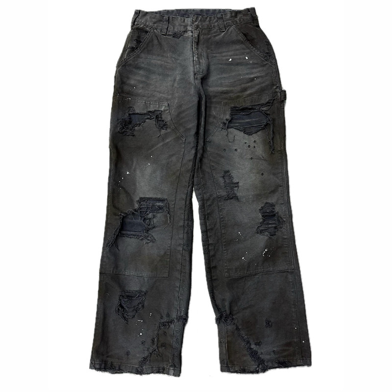 POPPROJECT伐木裤双膝做旧水洗破坏乱针boro阔腿牛仔工装长裤