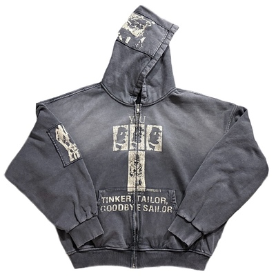 POPPROJECT贴布印花水洗成衣染色做旧复古短宽拉链卫衣外套连帽衫