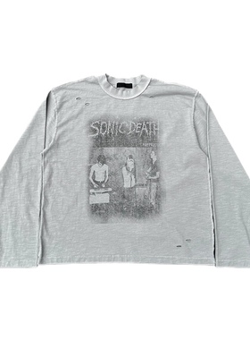 POPPROJECT足节棉26支240g成衣染色人像印花水洗做旧破坏宽松长袖