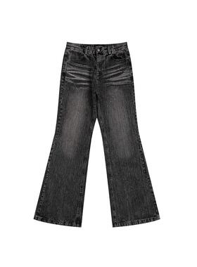 POPPROJECT黑竹节复古猫须水洗重磅人工破坏宽松Flared拖地喇叭裤