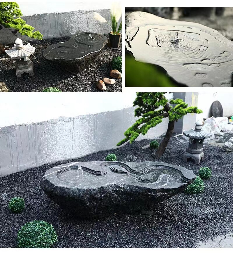天然日式黑山石水钵花盆喷泉水钵造景庭院景观枯山水流水摆件