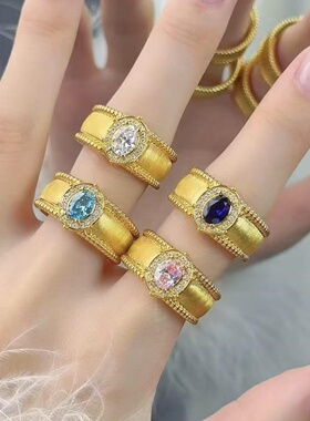 金包银戒指女镶钻拉丝鸽子蛋新中式宽版宫廷风气质指环礼物送女友