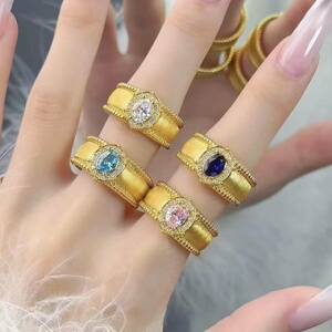 金包银戒指女镶钻拉丝鸽子蛋新中式宽版宫廷风气质指环礼物送女友
