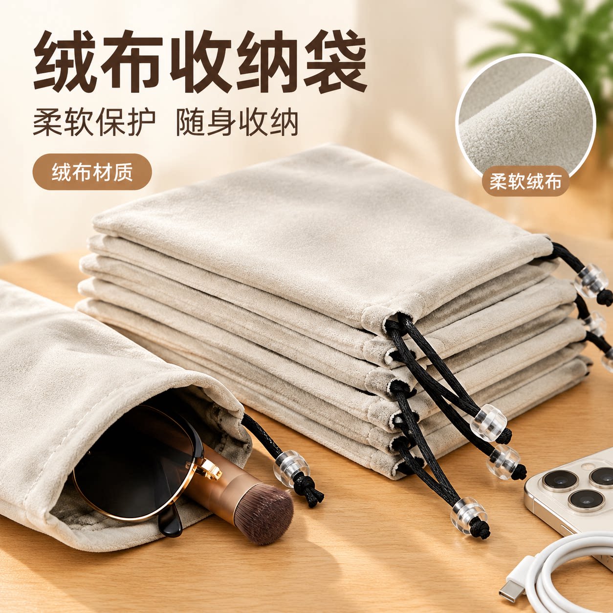 手机绒布袋束口收纳袋加厚无线鼠标袋ccd相机包蓝牙充电宝耳机袋