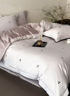 日本GP纯棉秋冬季磨毛四件套蝴蝶结樱桃刺绣全棉被套床品床笠紫色