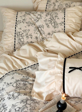 日本GP高端复古全棉四件套法式褶皱花边印花纯棉被罩床上用品床笠