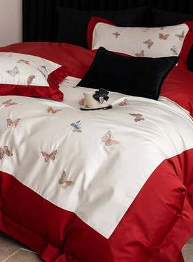 日本GP高端婚庆超柔全棉四件套蝴蝶刺绣红色纯棉被套床上用品结婚