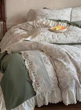 日本GP法式碎花少女心双层纱全棉四件套纯棉浪漫蕾丝被套床品绿色